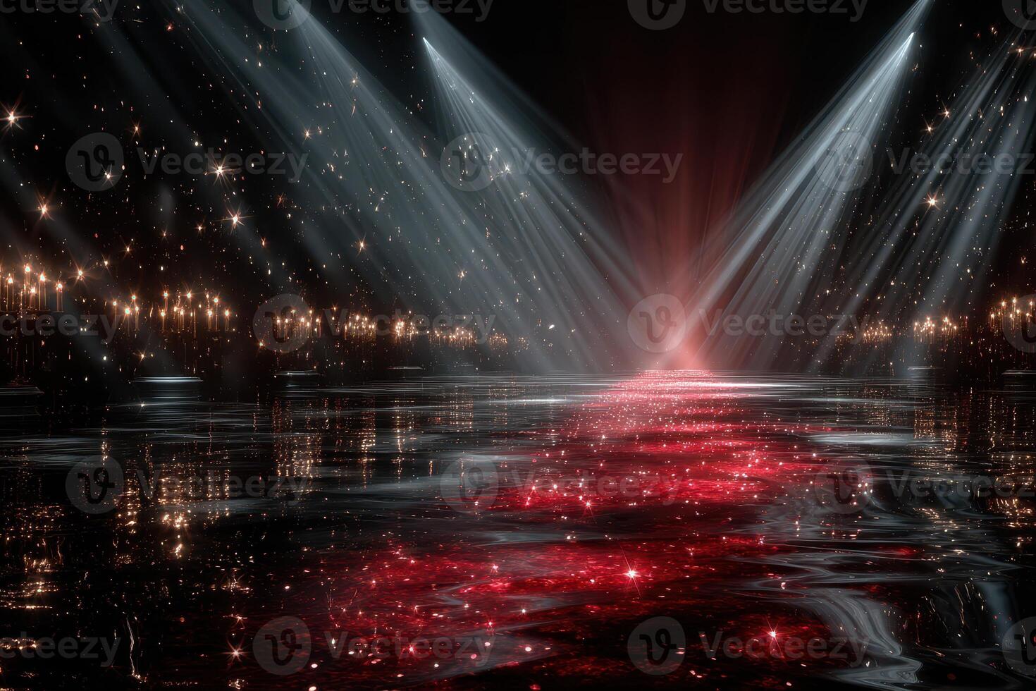 Dramatic lighting illuminates a reflective surface during a nighttime event with sparkles and glowing candles photo