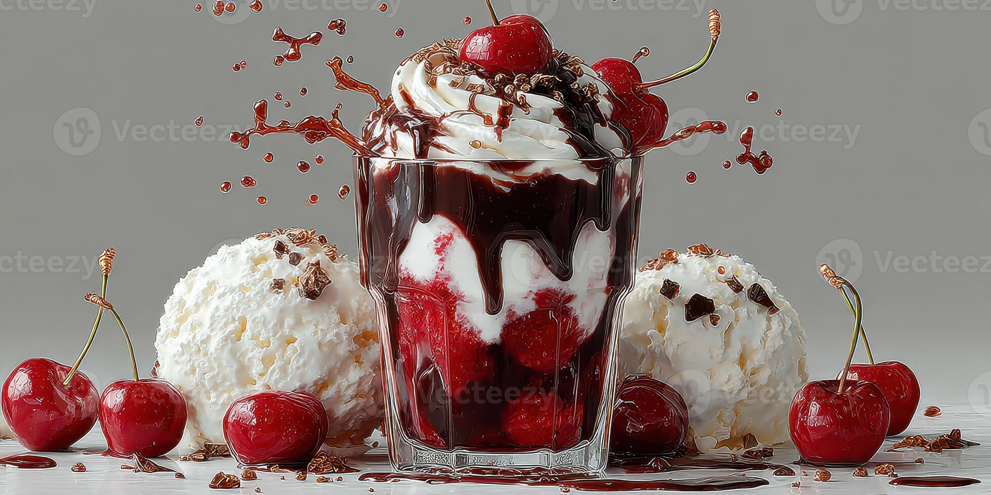 Delicious dessert features chocolate syrup, whipped cream, and cherries in a glass with ice cream and cherry toppings photo