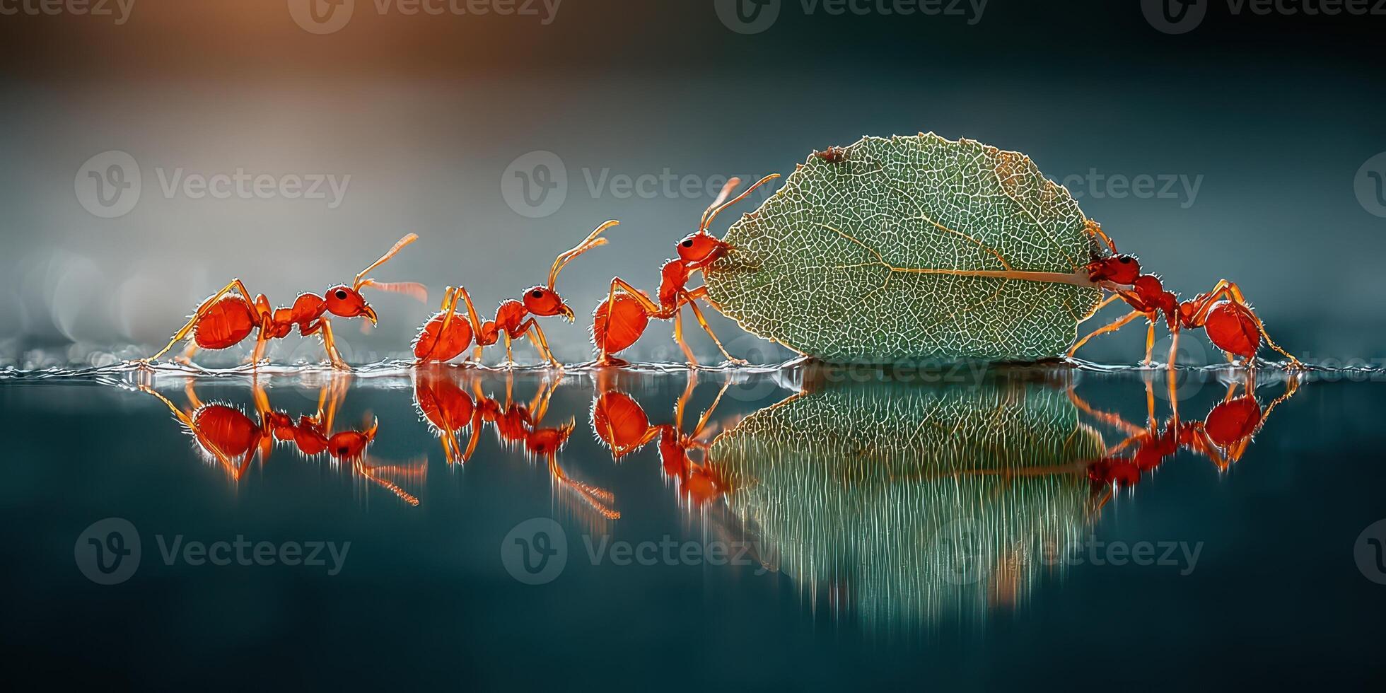 Ants collaborate to transport a large green leaf across a reflective surface in a natural setting during daylight photo