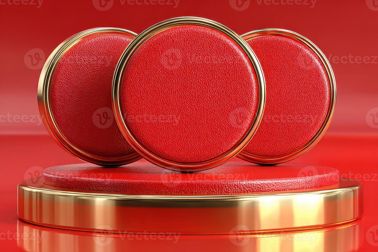 Decorative red and gold coasters displayed on a glossy surface in a studio setting with vibrant lighting photo