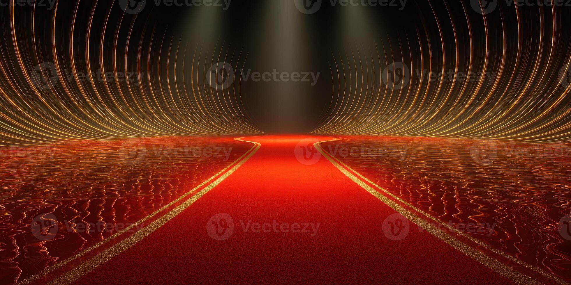 Vibrant red carpet leads to a dazzling stage illuminated by bright lights photo