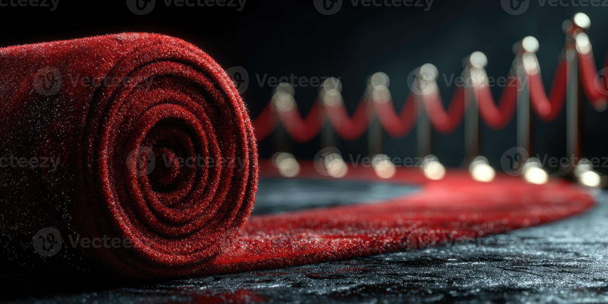 Elegant red carpet rolled out at a glamorous event venue for star-studded arrivals and photo opportunities in the evening light