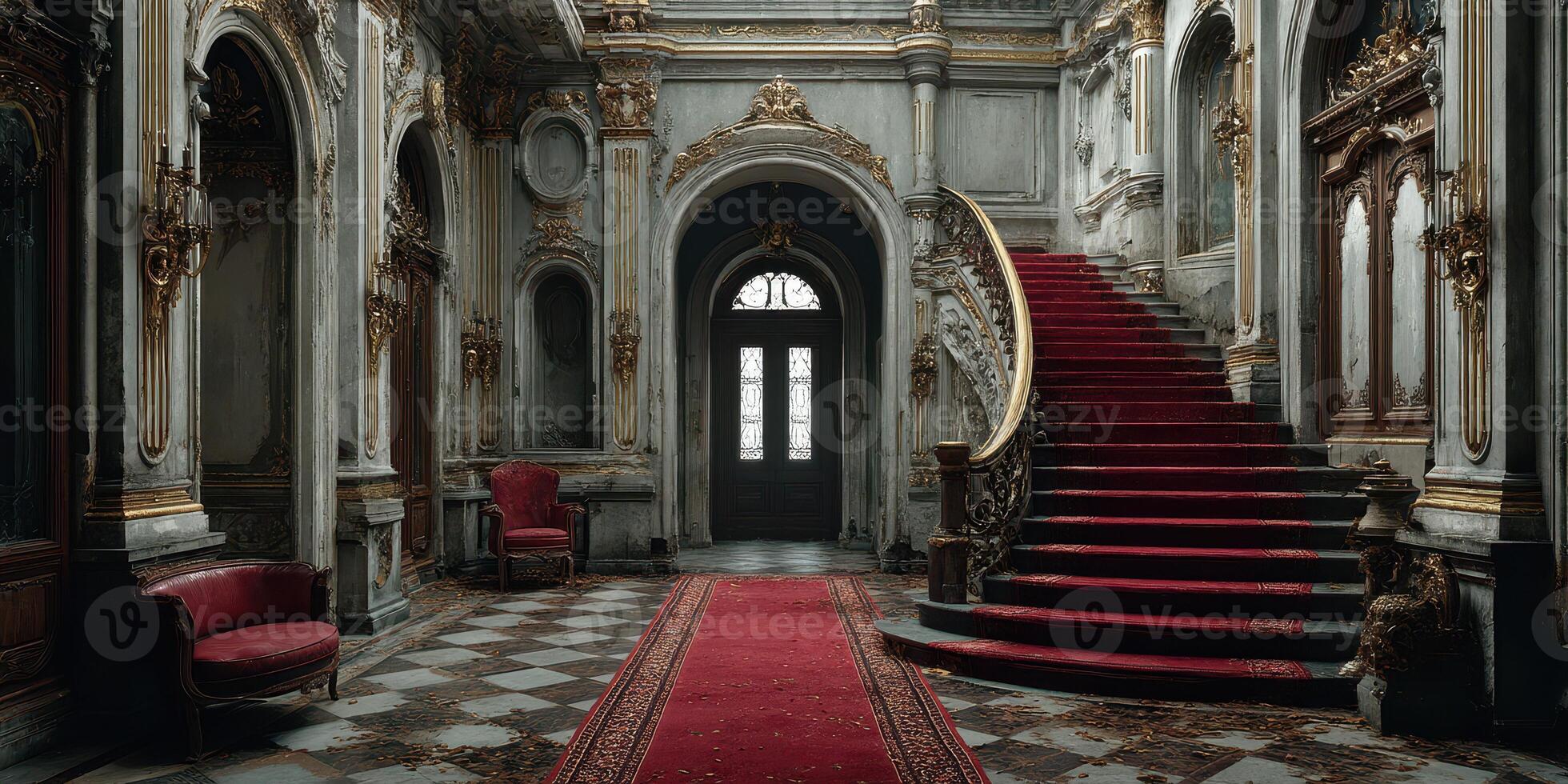 Grand staircase and opulent decor in an elegant historical building during daylight hours photo