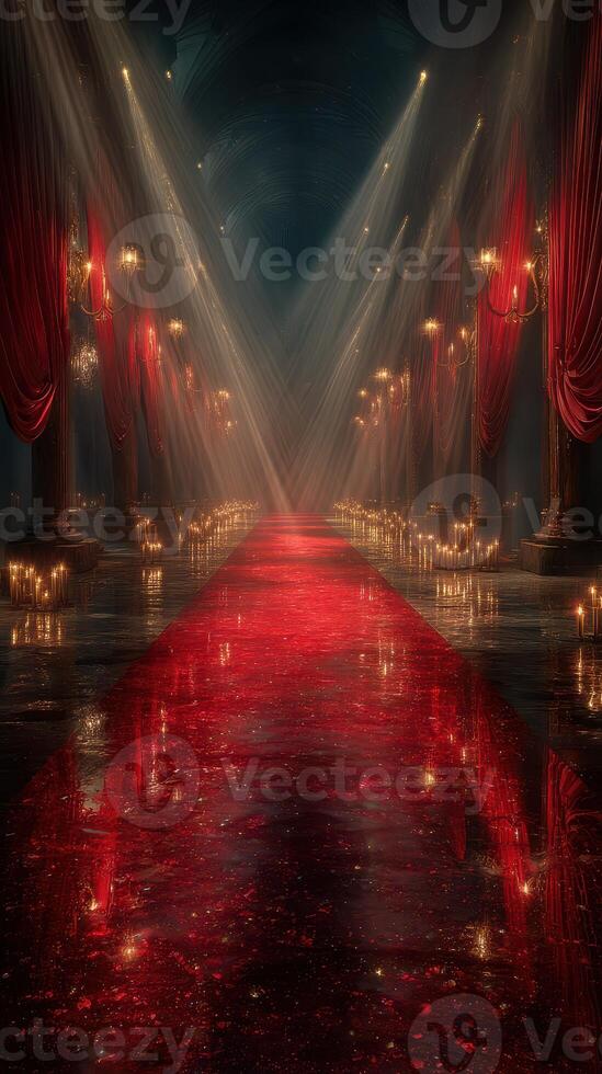 Elegant red carpet event showcases luxurious ambiance with candlelight and dramatic lighting in a grand hall setting photo