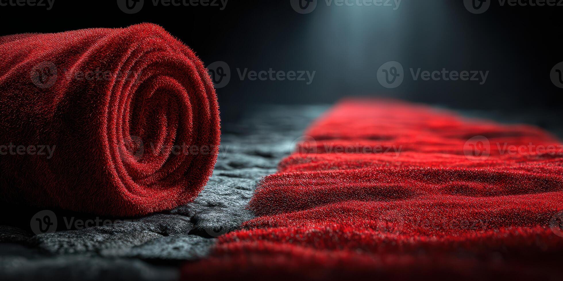 Roll of red fabric placed on dark textured surface under dramatic lighting creates a striking visual effect photo