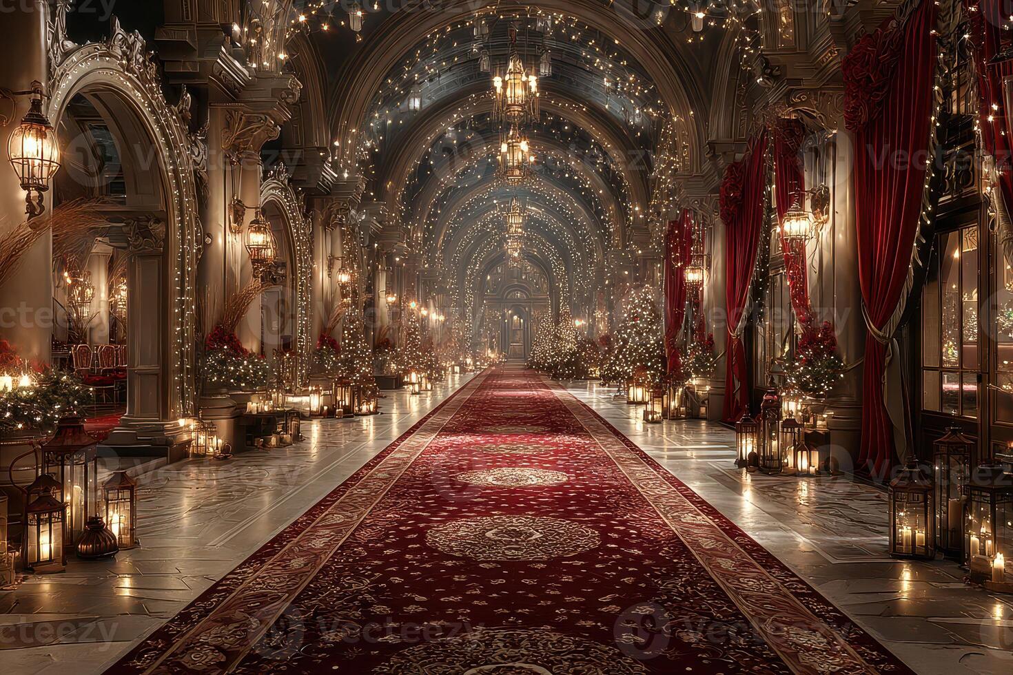 Elegant hallway adorned with festive decorations and glowing lanterns during evening event celebration photo