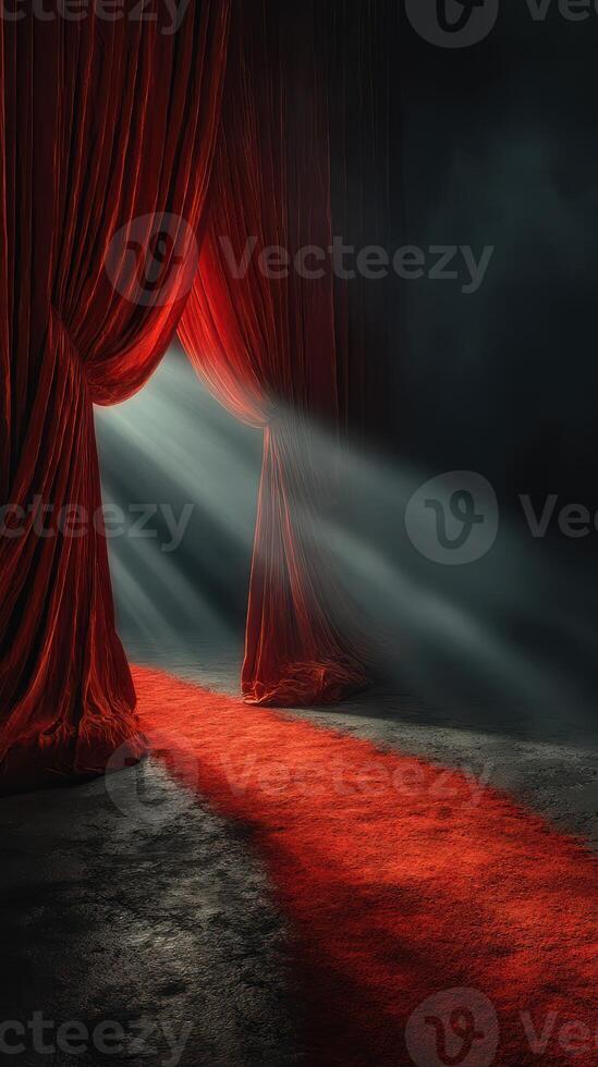 Dramatic entrance illuminated by soft light through velvet curtains on a stage with a striking red carpet photo