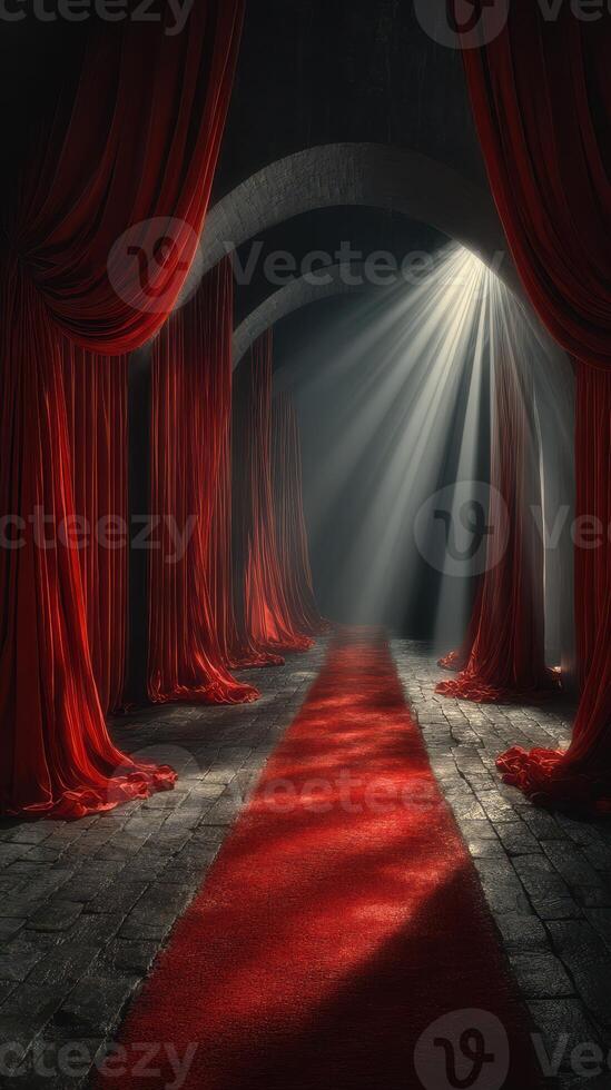 Elegant red carpet leading to an illuminated archway in a dimly lit space with flowing drapery photo