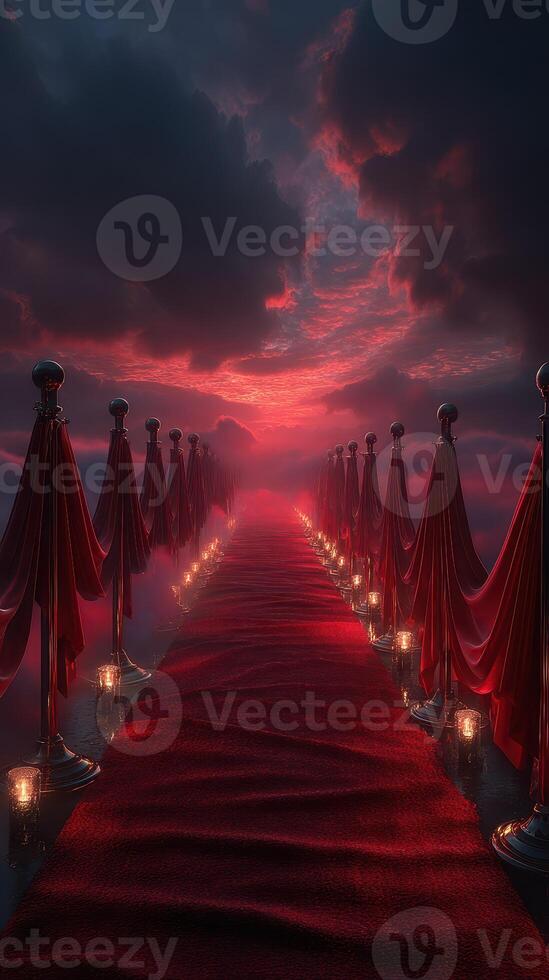 Path of red fabric and lanterns leads to a dramatic sunset photo