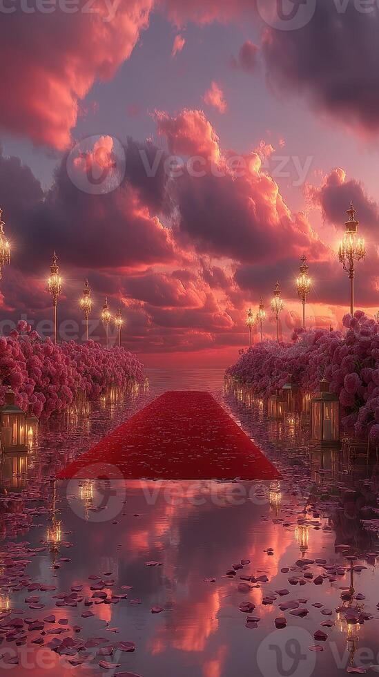 Elegant pathway illuminated by lanterns and lined with pink flowers during a stunning sunset photo