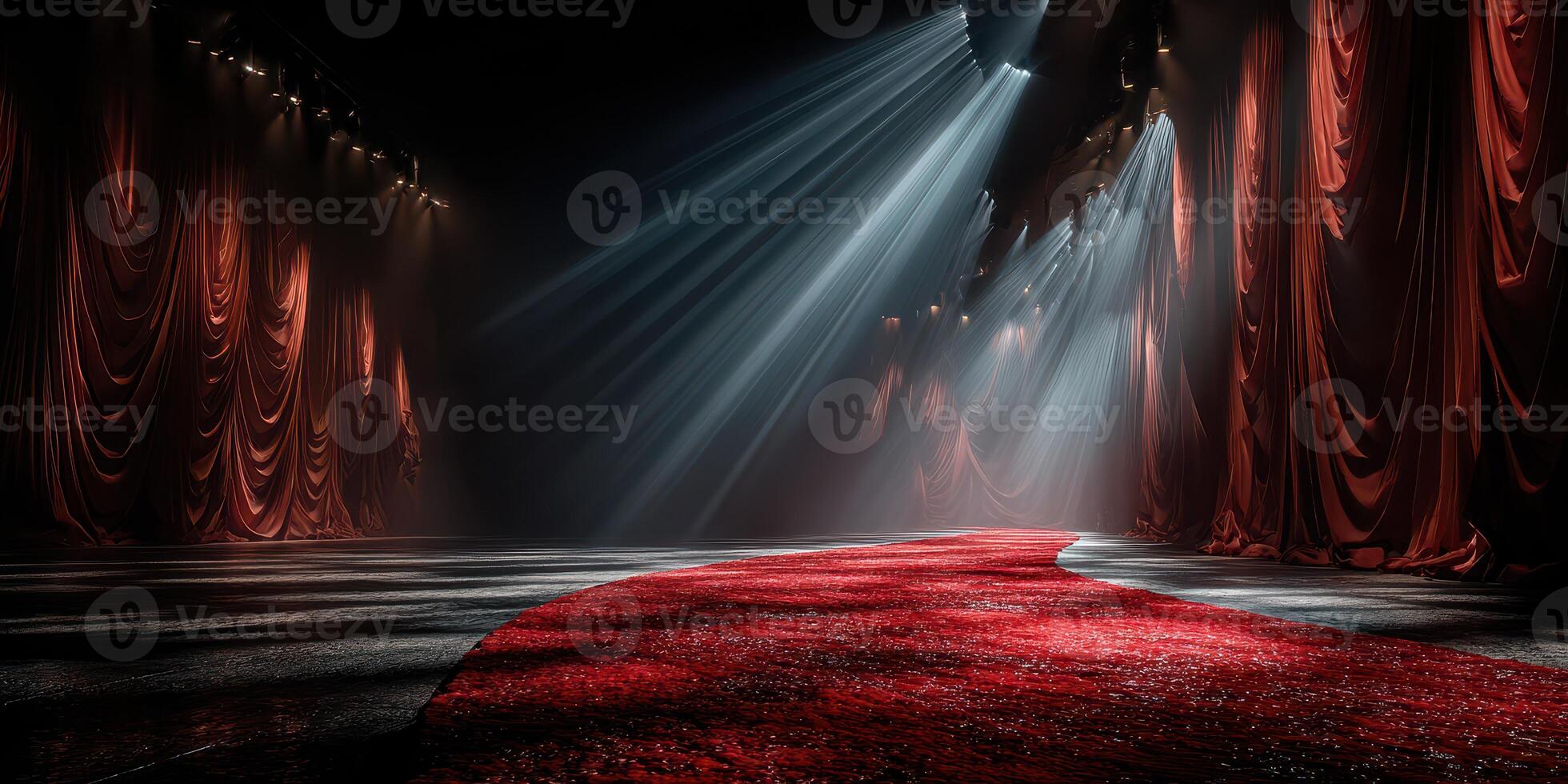 Dramatic stage setting with red carpet and spotlight illuminating empty theater photo