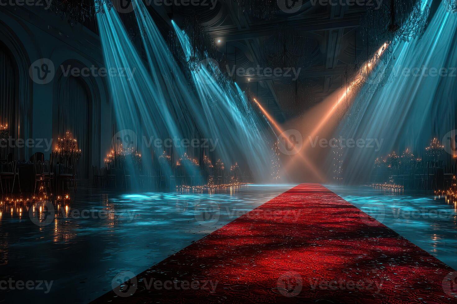 Elegant ballroom illuminated by dramatic lighting and a vibrant red carpet features a mesmerizing atmosphere for special events photo