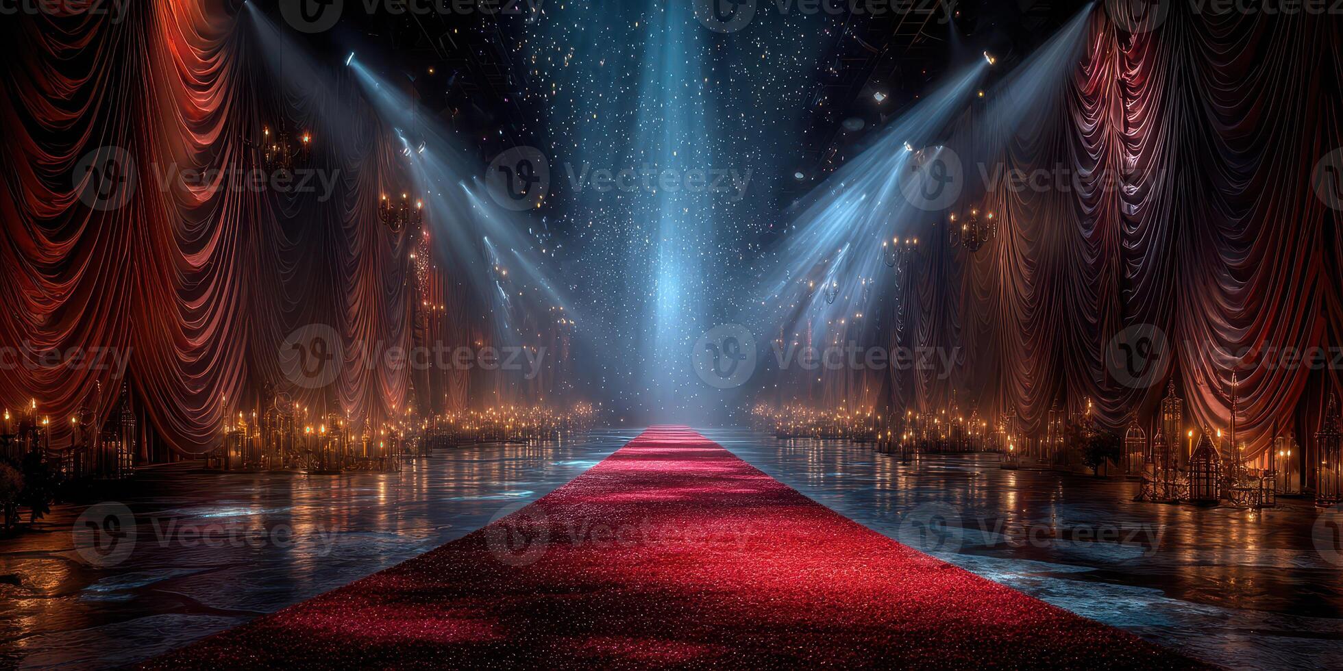 Elegant red carpet runway illuminated by dazzling lights at a lavish event venue during a glamorous evening photo