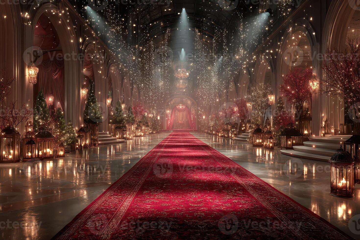 Elegant gala setting with ornate decor and glowing lights ready for a celebratory event in a grand hall photo