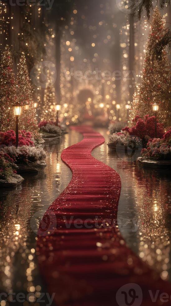 Magical holiday pathway inviting guests through a shimmering forest filled with sparkling lights and decorated trees photo