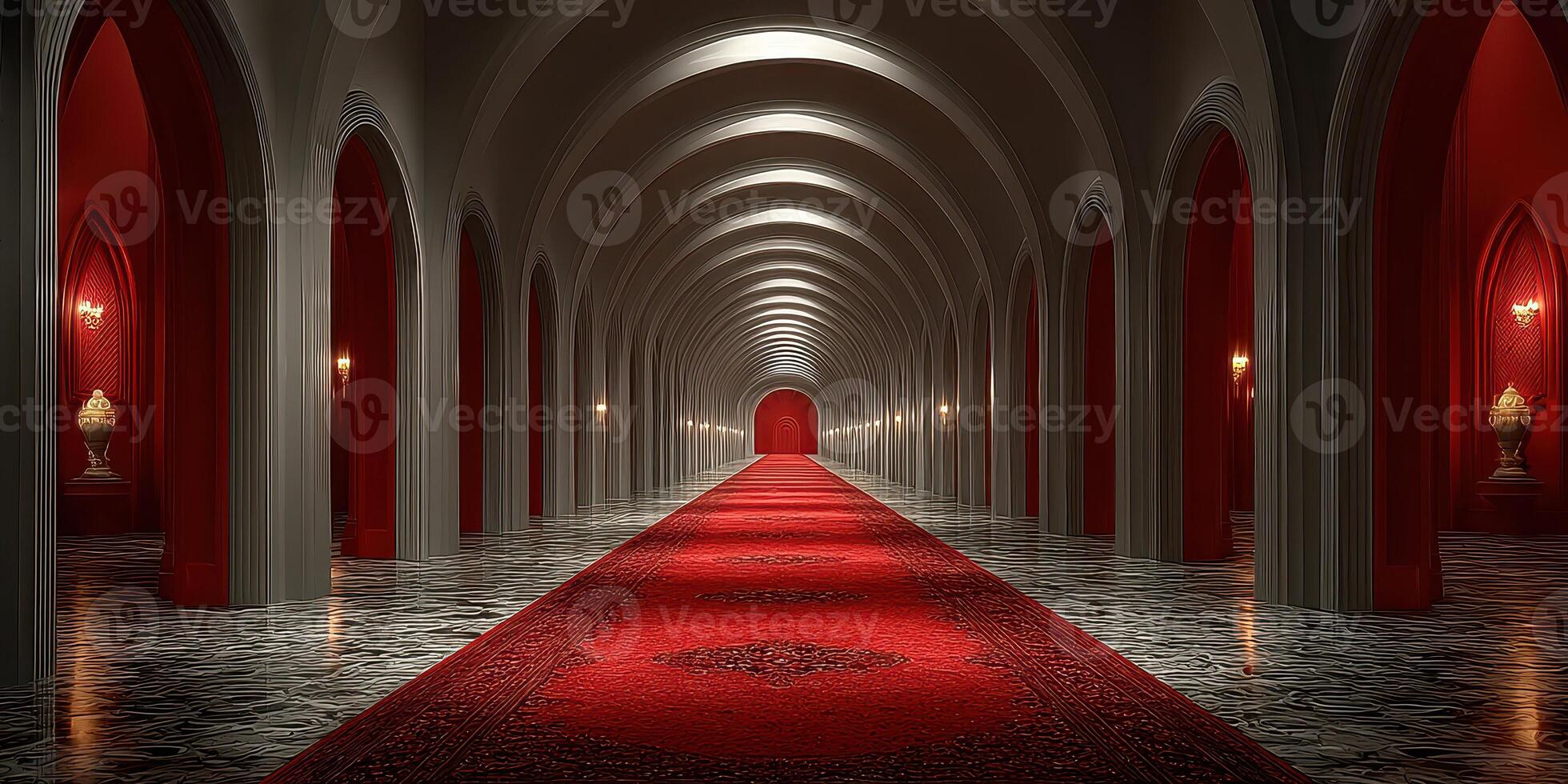 Elegant corridor with red carpet and arches in a grand interior setting during the evening photo