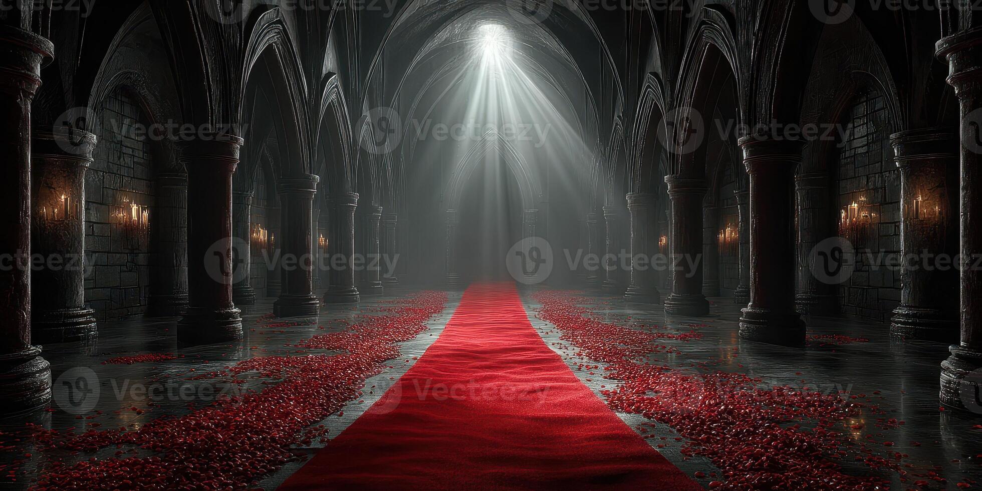 Mysterious medieval hall with a red carpet lined with rose petals and ethereal light streaming from above photo