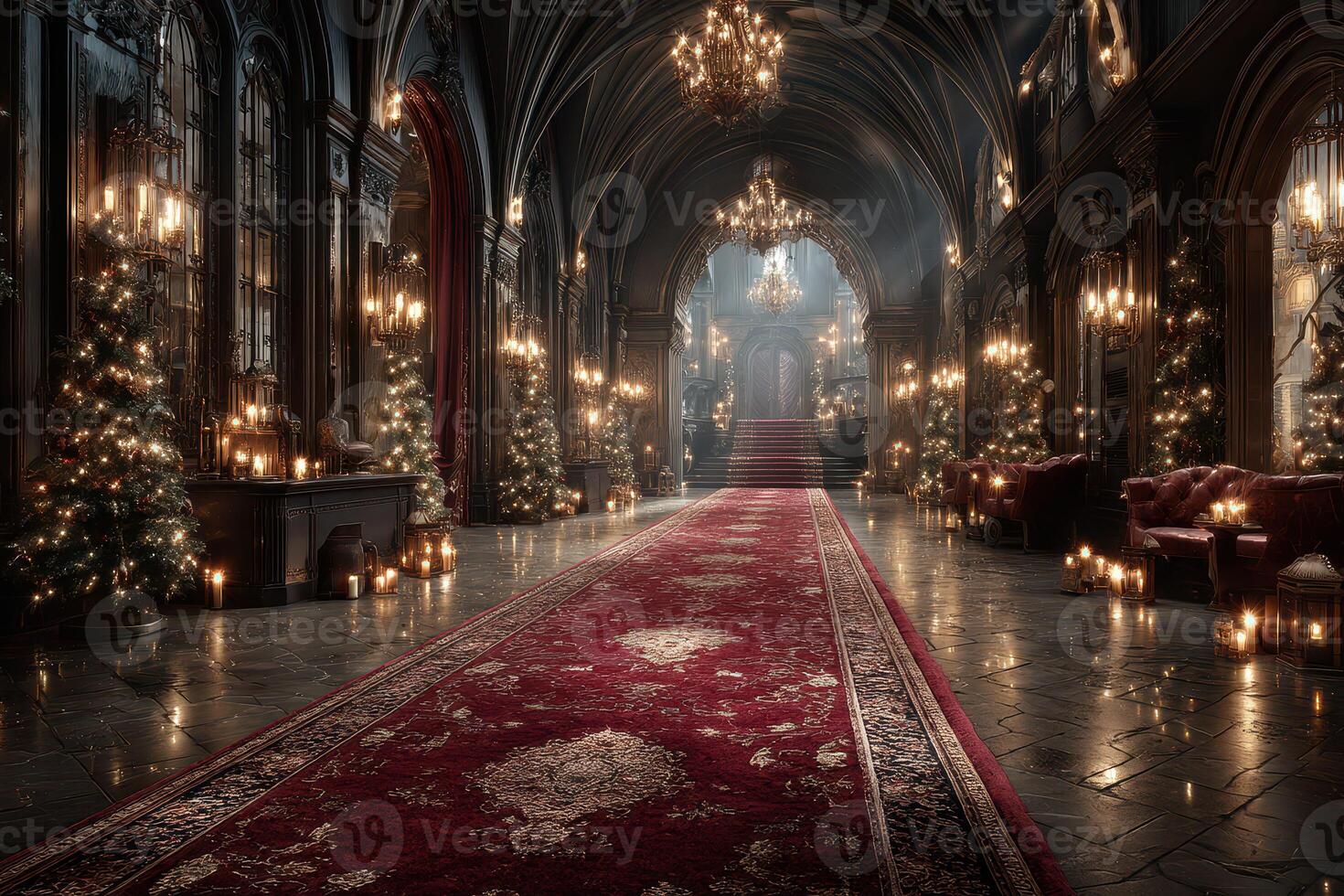Elegant medieval hall adorned with festive decorations and soft candlelight during a winter evening photo