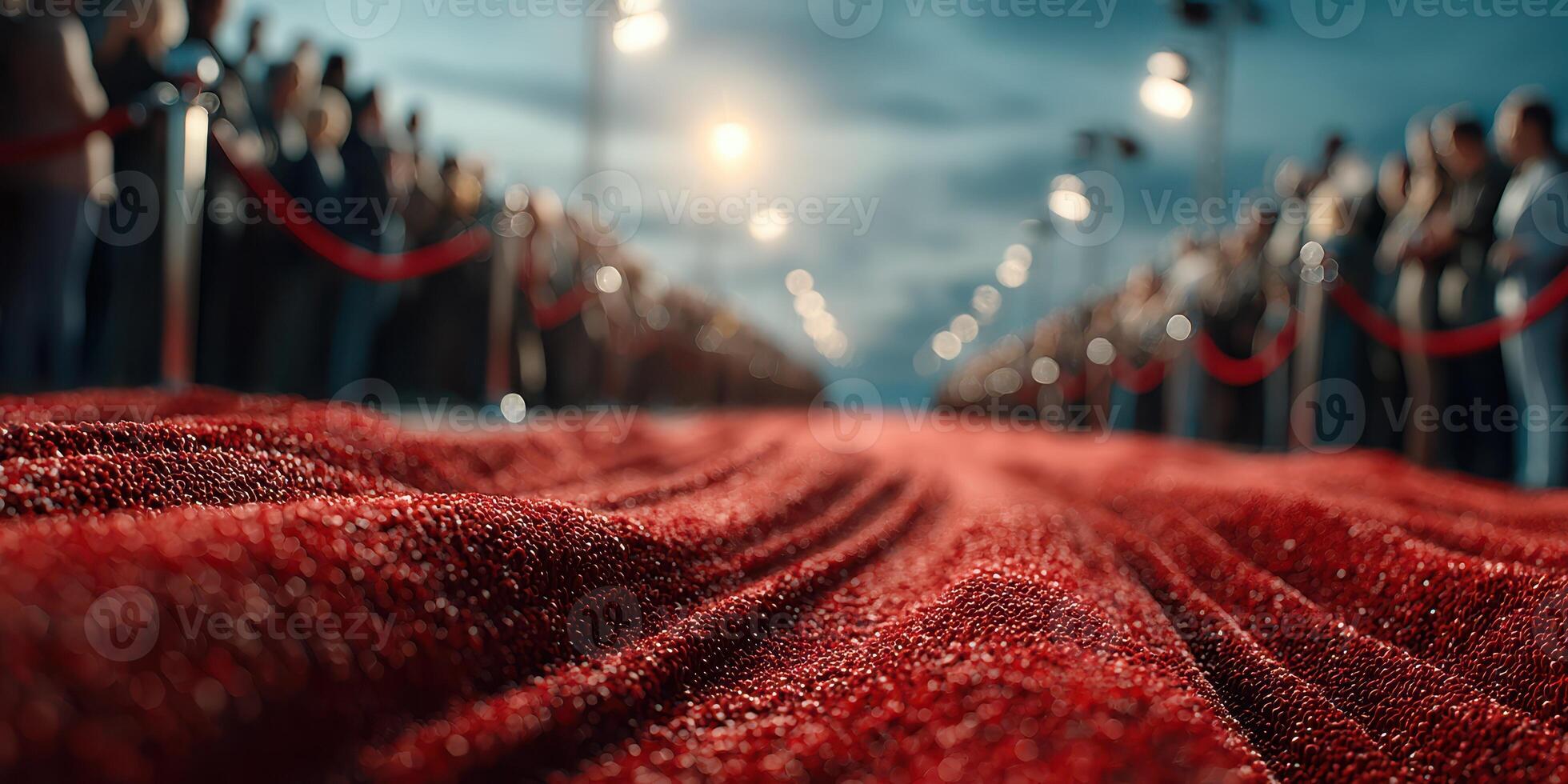Red carpet event taking place at dusk with numerous spectators lining the walkway and soft lighting illuminating the scene photo