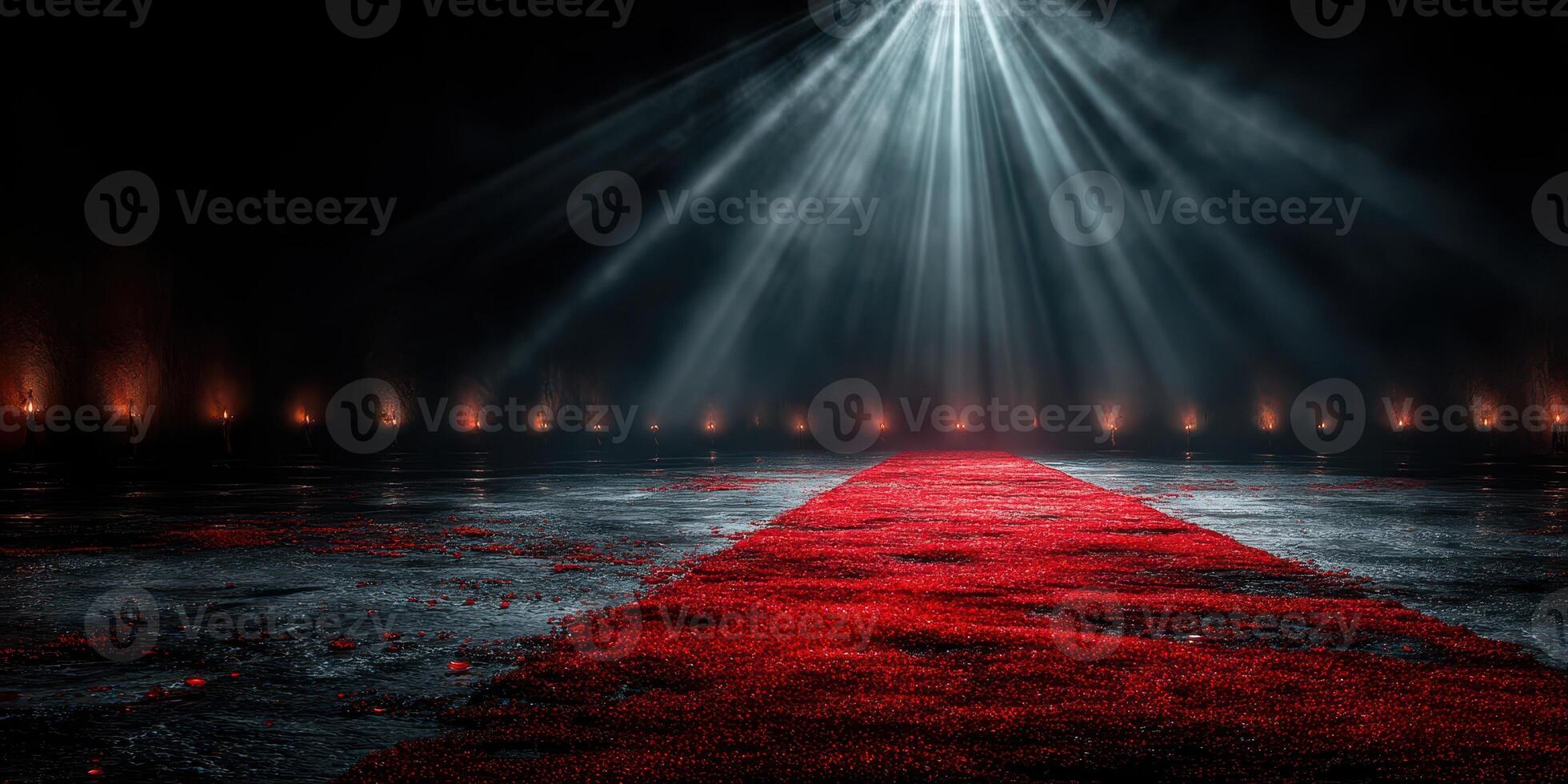 Luxurious red carpet leading to a spotlight in a dark, elegant venue with ambient lighting and reflections photo