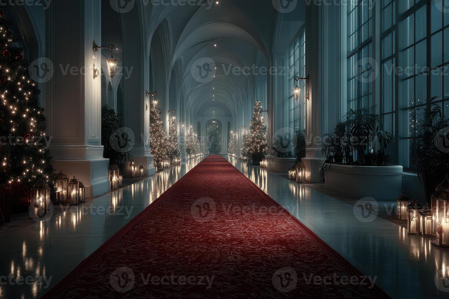 Festive hallway with elegant decorations and soft lighting during the holiday season in a grand venue photo