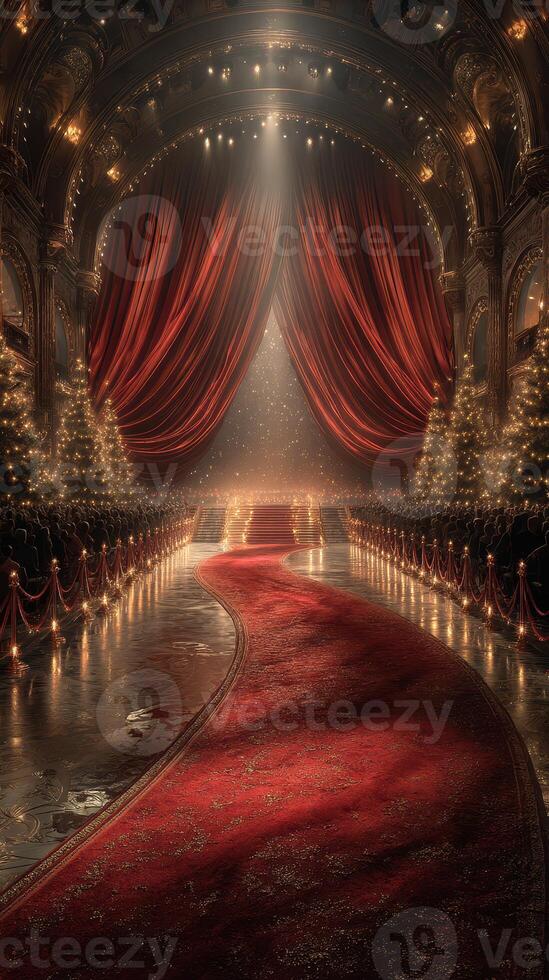 Grand theater stage illuminated with warm lights and red curtains during a festive gala in the evening photo