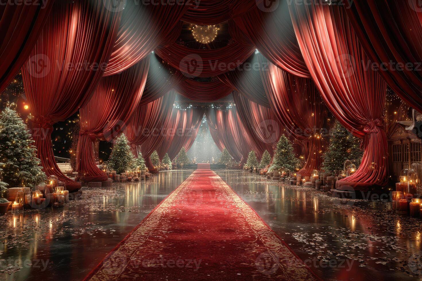 Grand holiday celebration setup in an elegant venue adorned with festive decorations and a vibrant red carpet photo