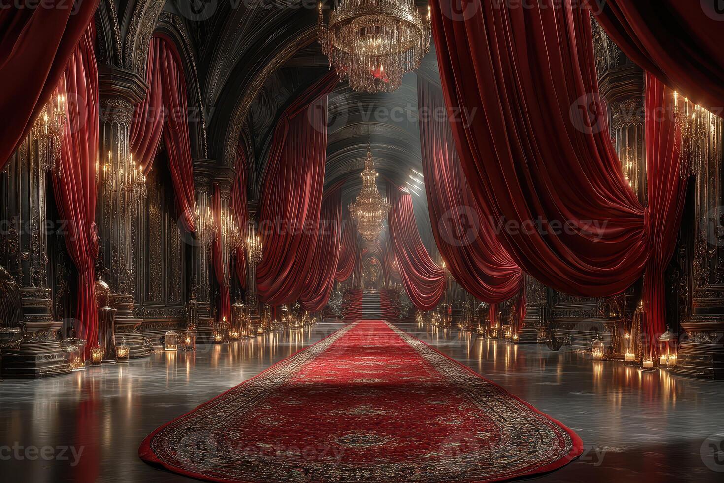 Luxurious interior of an ornate hall with rich red drapes and grand chandeliers creating an elegant atmosphere photo