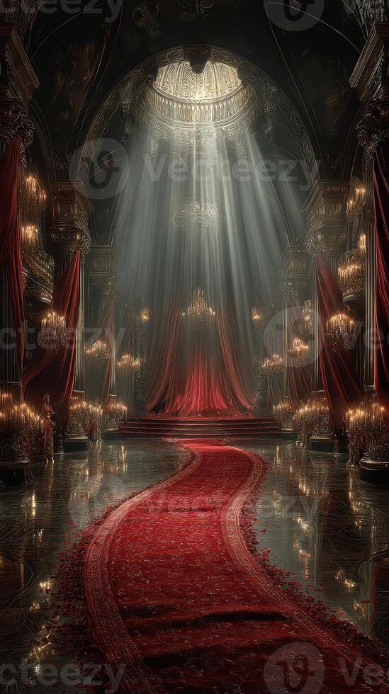 Elegant interior of a grand hall with luxurious red drapes and glowing chandeliers during an evening gathering photo