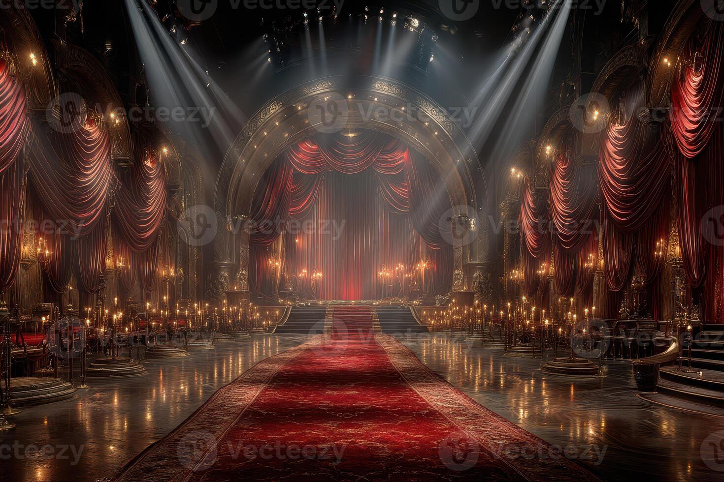 Elegant theater stage adorned with rich drapery and warm candlelight set for a grand performance in the evening photo