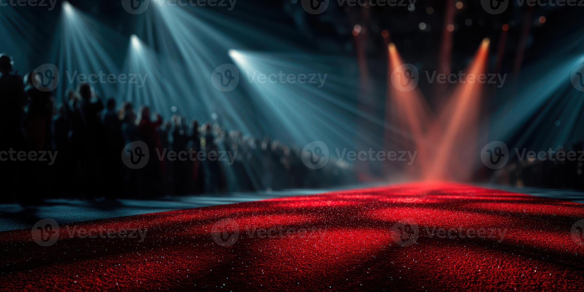 Red carpet event showcasing models and designers in a glamorous lighting setup during fashion week photo