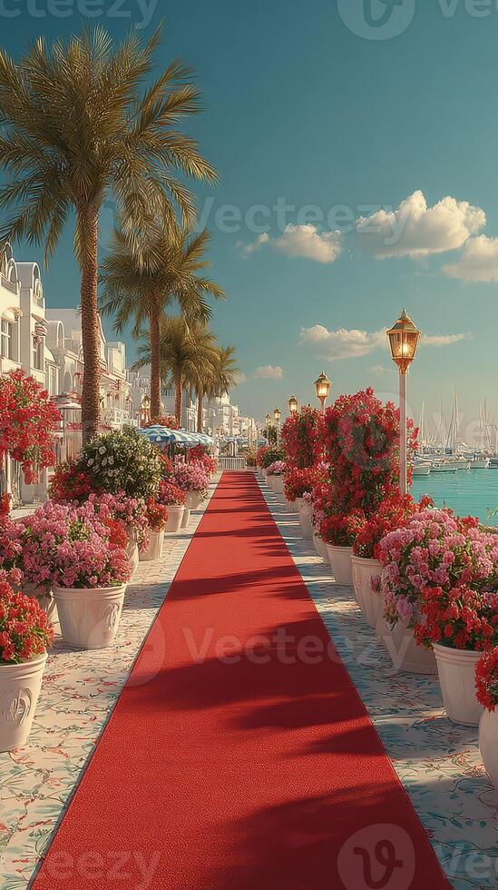 Stunning seaside walkway with red carpet lined by vibrant flowers and palm trees in sunny coastal setting photo