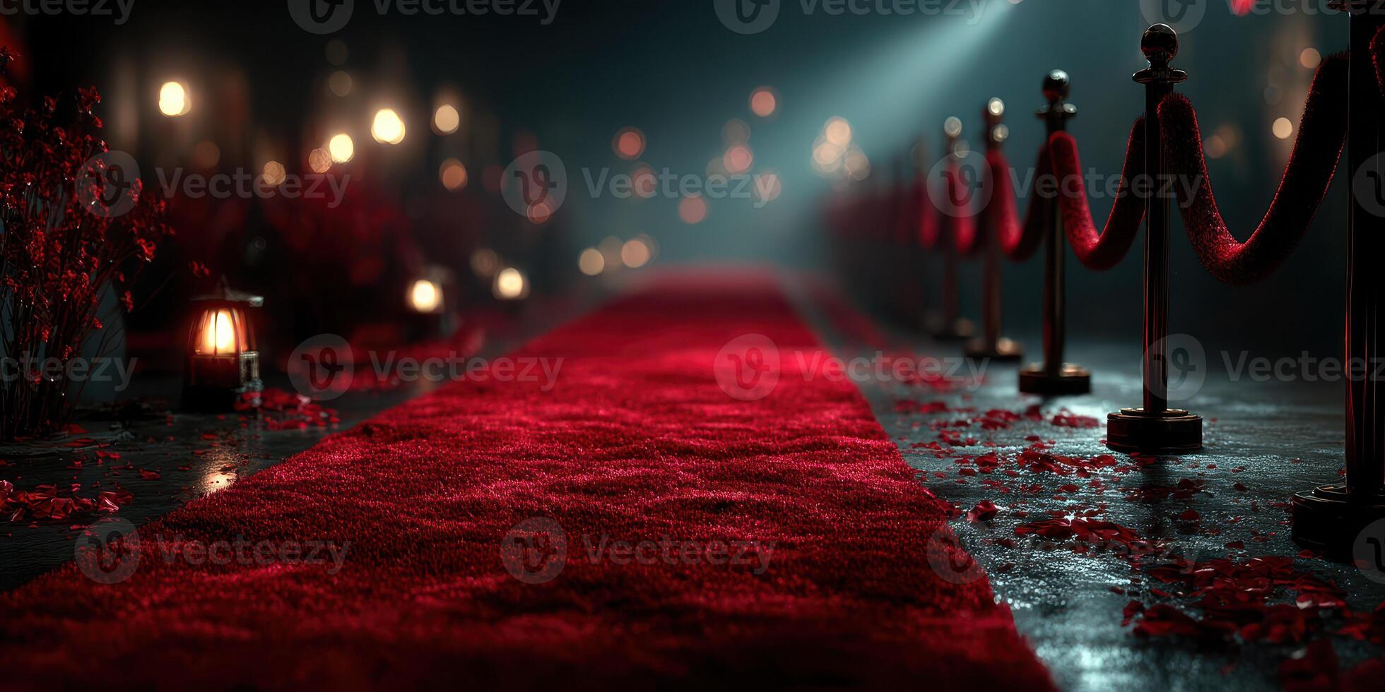 Red carpet path illuminated by soft lights at an evening gala event with elegant decorations and a vibrant atmosphere photo