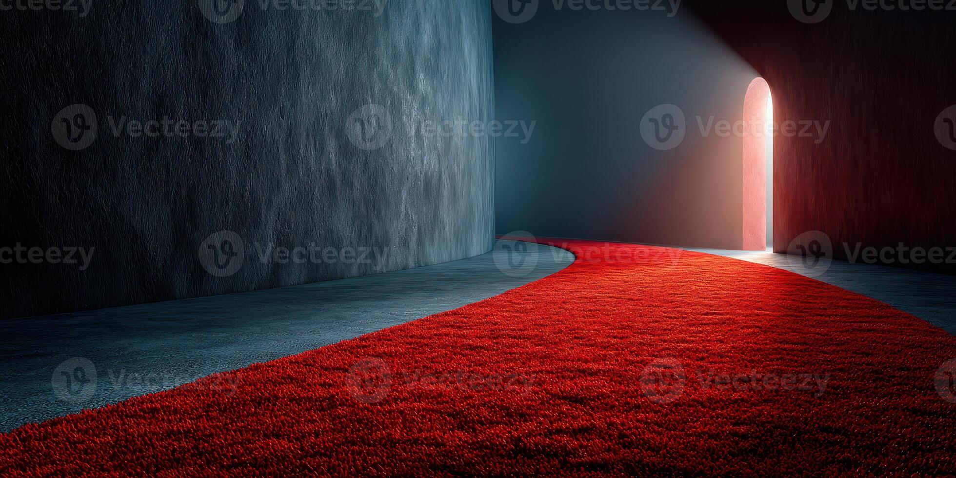 Curved red carpet leading to a glowing doorway in a dimly lit corridor photo