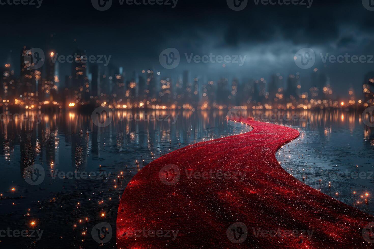 Experience a captivating urban landscape with a vibrant red path reflecting city lights at night near a serene water body photo