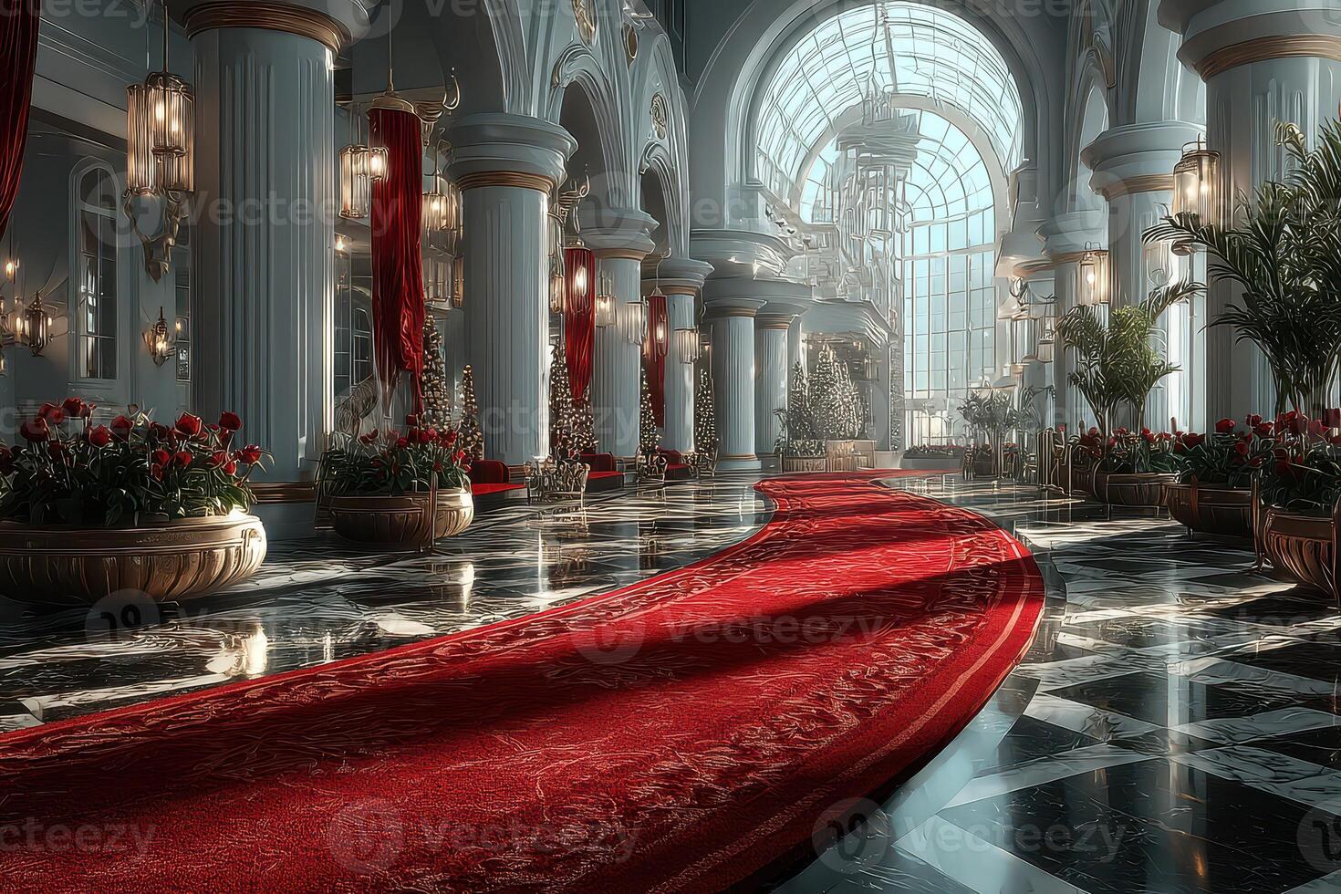 Elegant interior of a grand hall adorned with red carpet and decorative plants during a lavish event photo
