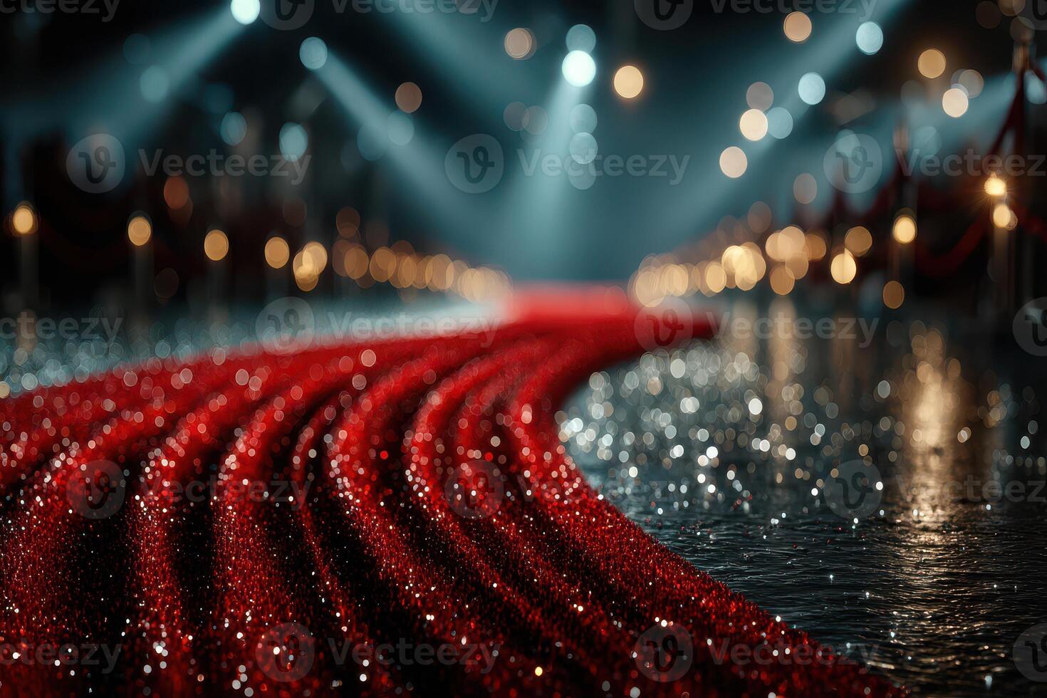 Elegant red carpet event with sparkling lights creating an inviting atmosphere for guests at night photo