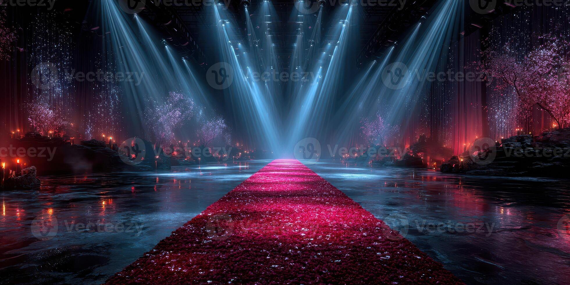 Stunning illuminated pathway surrounded by floral decorations creates a magical atmosphere for an evening event photo