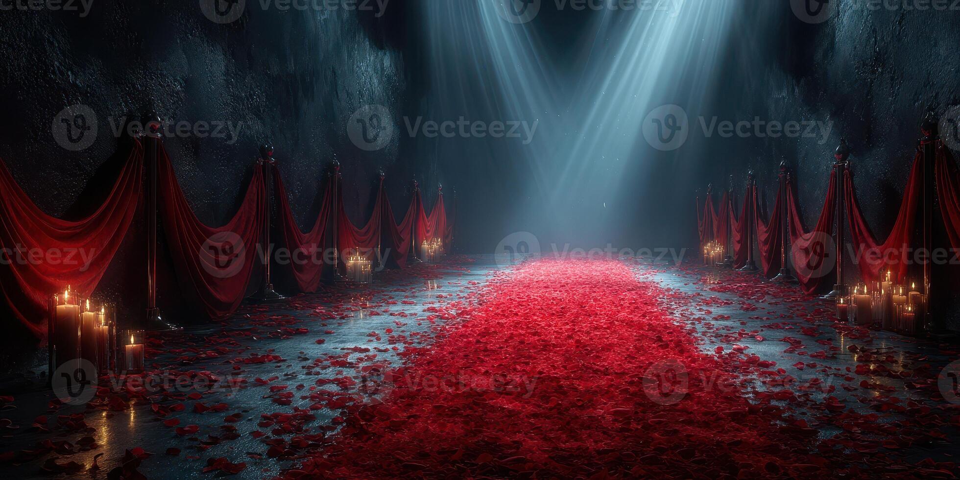Elegant red rose petals adorn a dimly lit hallway with candles creating a romantic atmosphere for an event photo