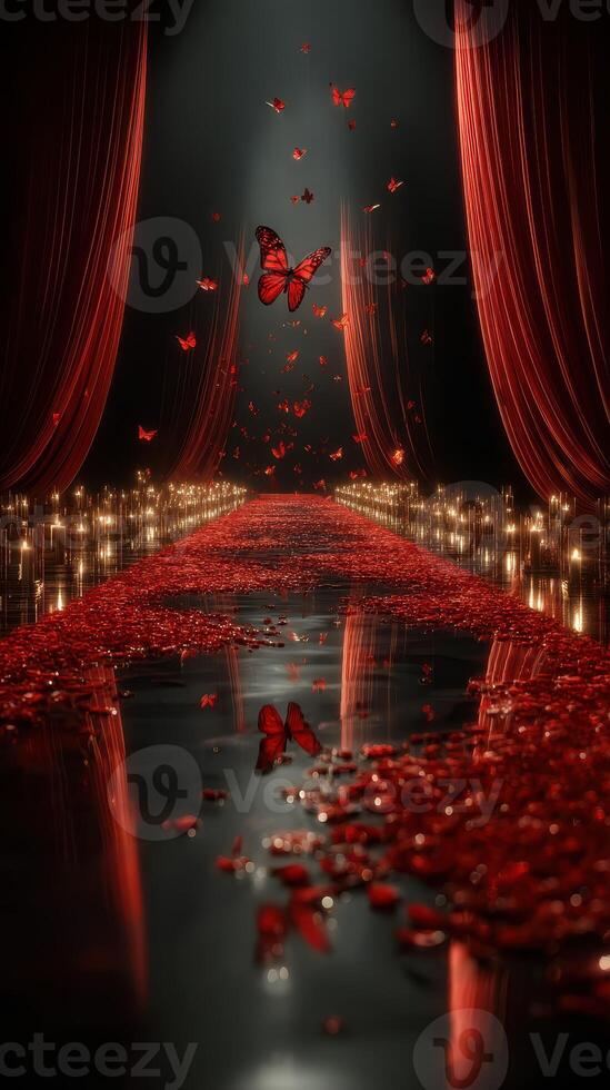 Elegant red runway adorned with rose petals and butterflies creating a magical atmosphere at a fashion event photo