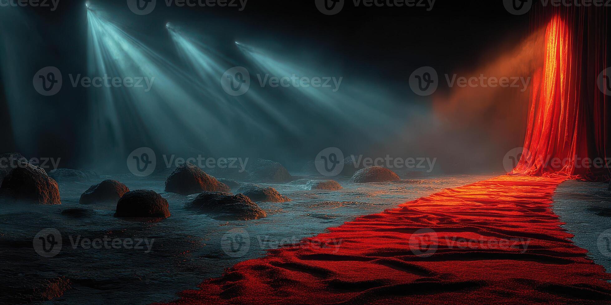 Bright red carpet leading to illuminated stage in a moody environment with beams of light cutting through darkness photo