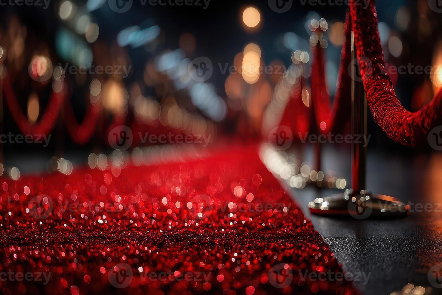 Elegant red carpet setup with shimmering lights for a glamorous event in an upscale venue at night photo
