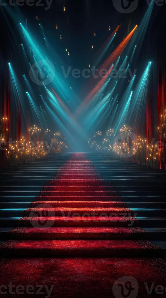 Staircase illuminated by colorful lights leading to a grand stage during a nighttime event photo