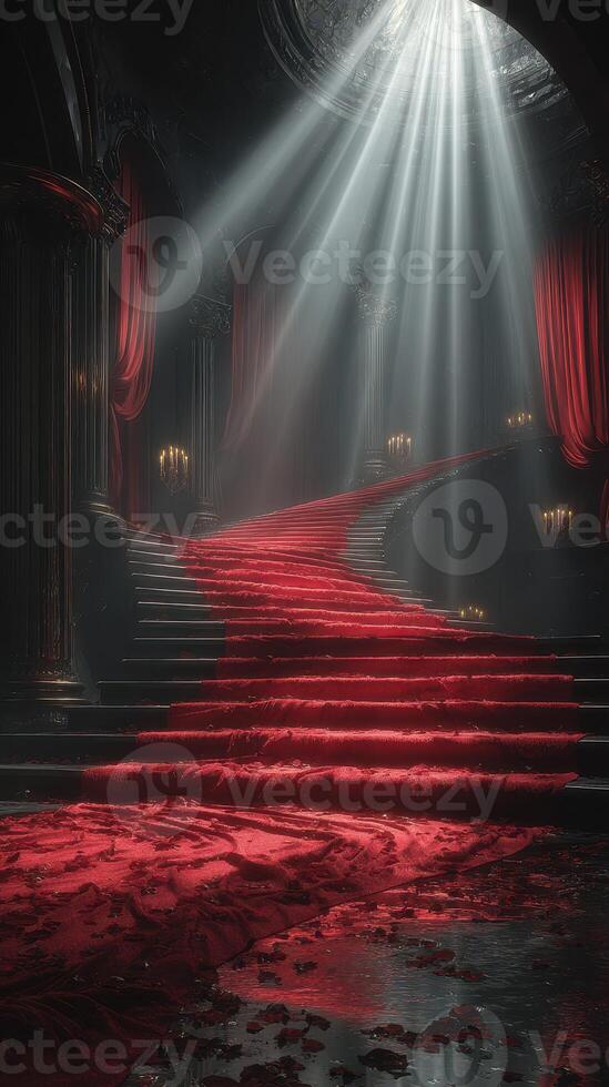 Majestic staircase illuminated by beams of light in an elegant dark hall with rich red curtains photo