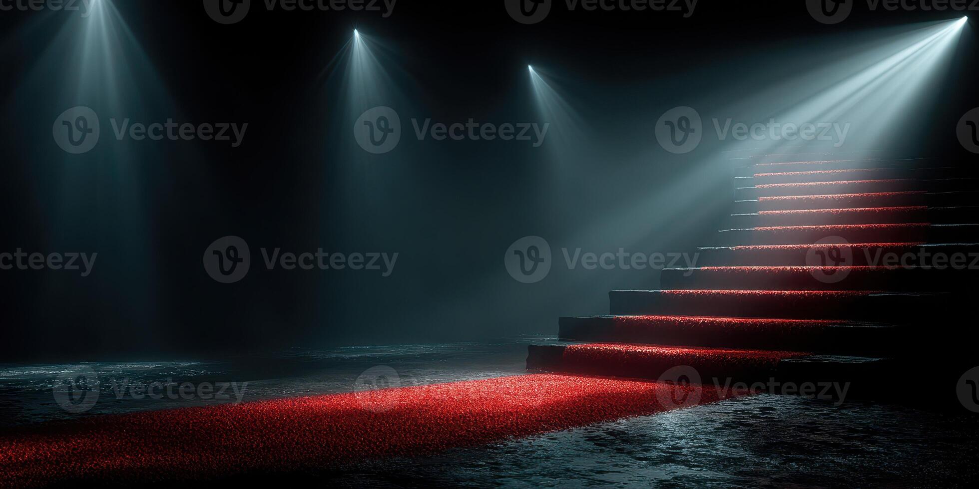 Mysterious dimly lit staircase with red carpet and dramatic lighting in a dark room photo