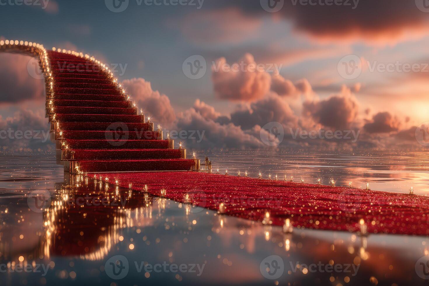 Elegant red carpet staircase leading to the clouds during sunset with reflective surface photo