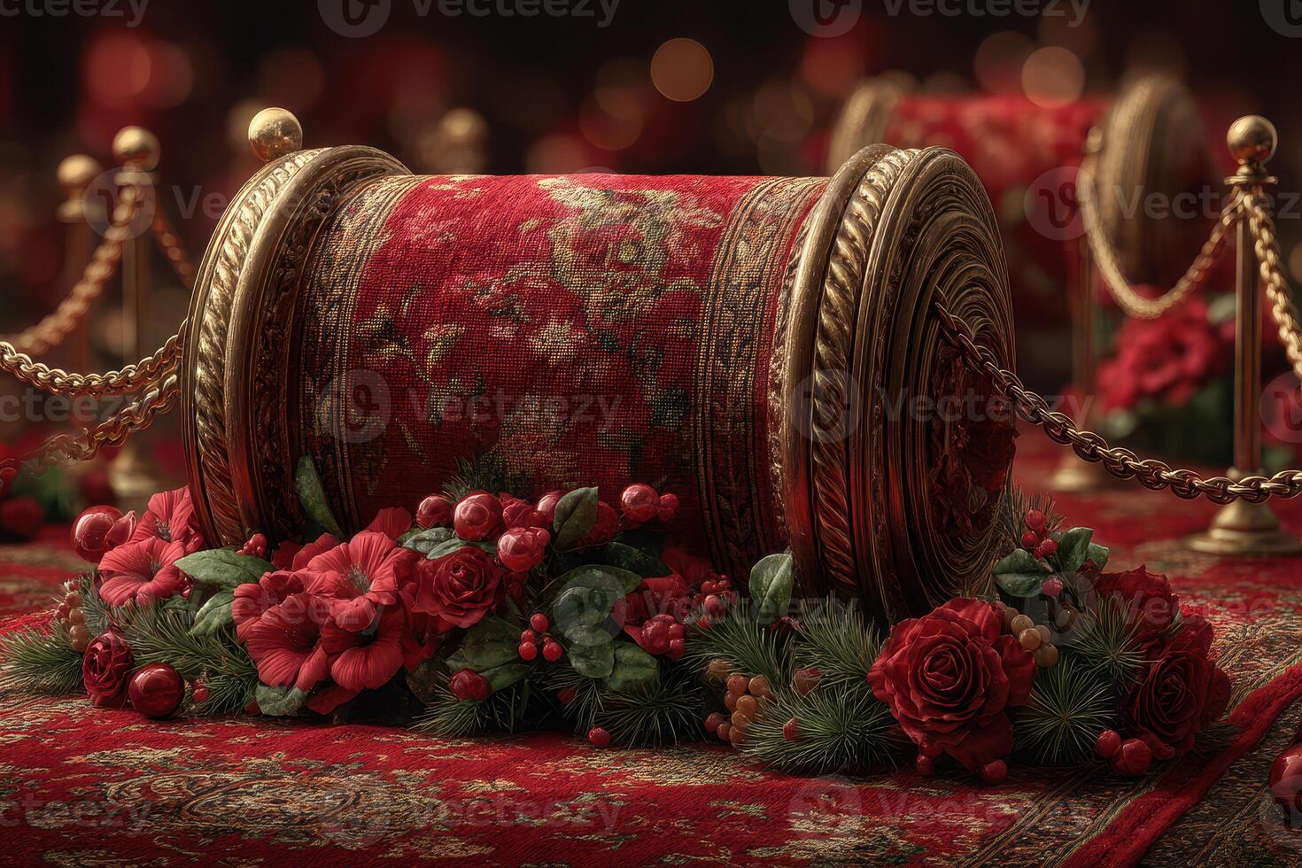 Decorative floral display on ornate fabric at an elegant event venue during evening celebration photo