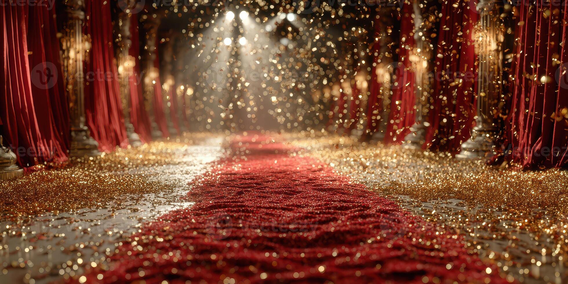 Elegant red carpet pathway adorned with golden confetti in a luxurious venue celebrating a special event photo