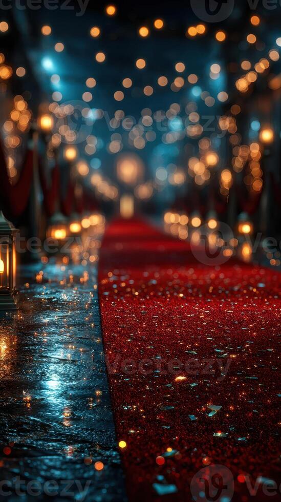 Elegant red carpet leading to a glamorous event with soft lighting and sparkling decorations at night photo