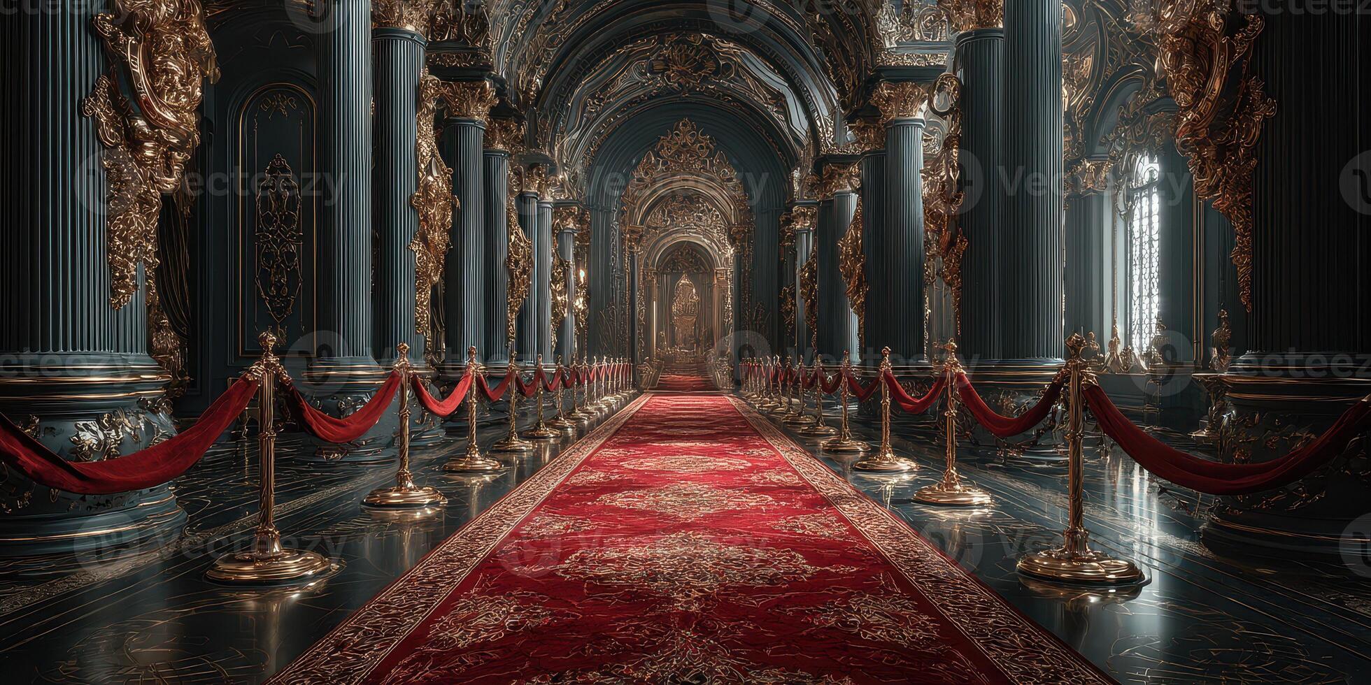Luxurious grand hall with ornate architecture and velvet ropes creating an elegant pathway for visitors photo